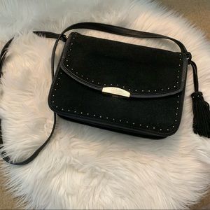 KATE SPADE BLACK LEATHER SUEDE STUDDED FRINGE CROSS BODY PURSE BAG W POCKETS